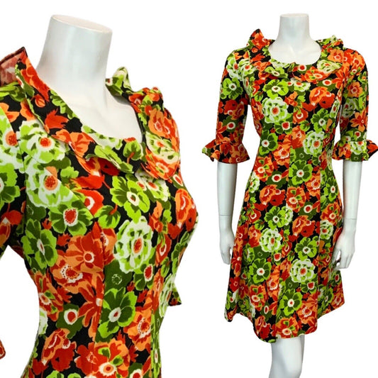 VINTAGE 60s 70s GREEN RED BLACK WHITE FLORAL PRINT RUFFLED MIDI DRESS 12