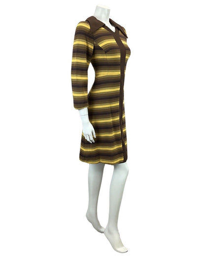 VINTAGE 60s 70s BROWN YELLOW STRIPED MOD BOHO DAGGAR COLLAR MIDI DRESS 10 12