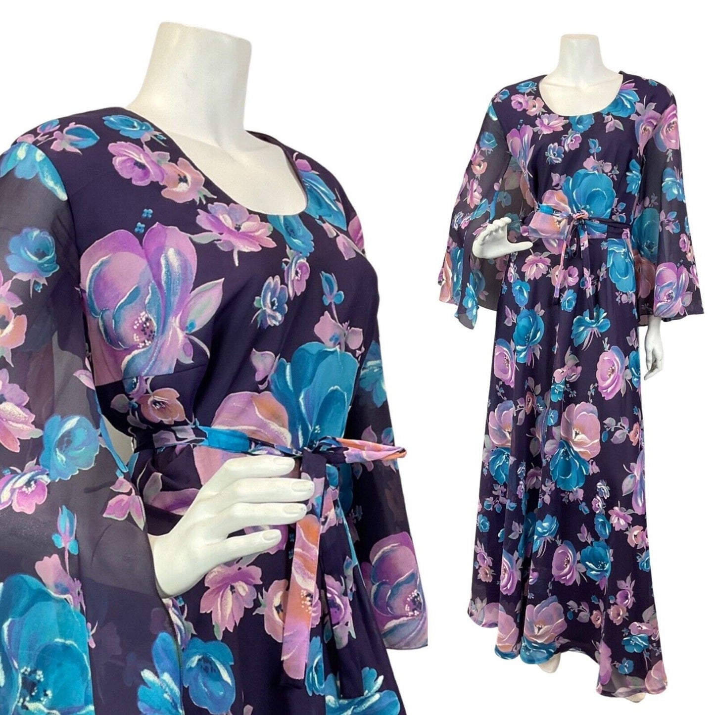 VTG 60s 70s PURPLE PINK BLUE FLORAL ROSE ANGEL SLEEVE FLOATY MAXI DRESS 14 16