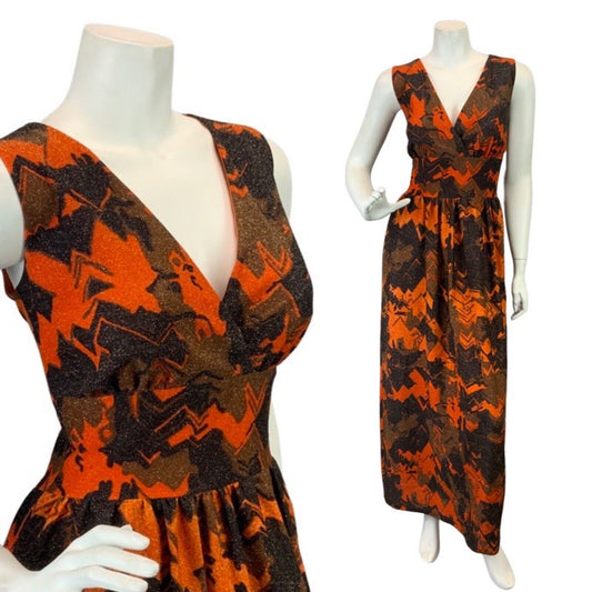 VINTAGE 60s 70s ORANGE BROWN BLACK ABSTRACT GEOMETRIC SLEEVELESS MAXI DRESS 10