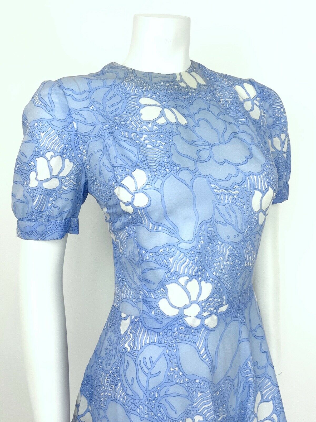 VINTAGE 60s 70s PALE BLUE WHITE FLORAL SWING SUMMER DRESS 12 14