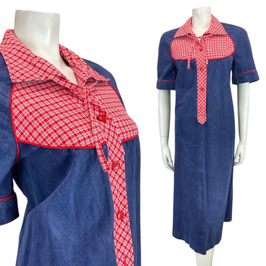 VINTAGE 60s 70s DENIM BLUE RED GINGHAM CHECKED BOHO MOD SHIFT MIDI DRESS 14