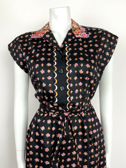 VTG 60s 70s BLACK ORANGE PINK OLIVE FLORAL SCALLOPED SHIRT WAIST DRESS 12 14