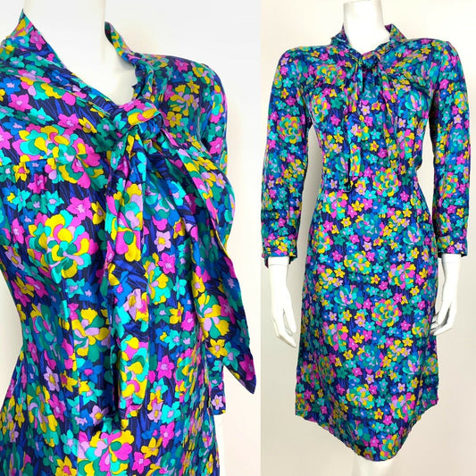 VTG 60s 70s BLUE YELLOW PINK GREEN PSYCHEDELIC FLORAL EMPIRE LINE DRESS 12 14