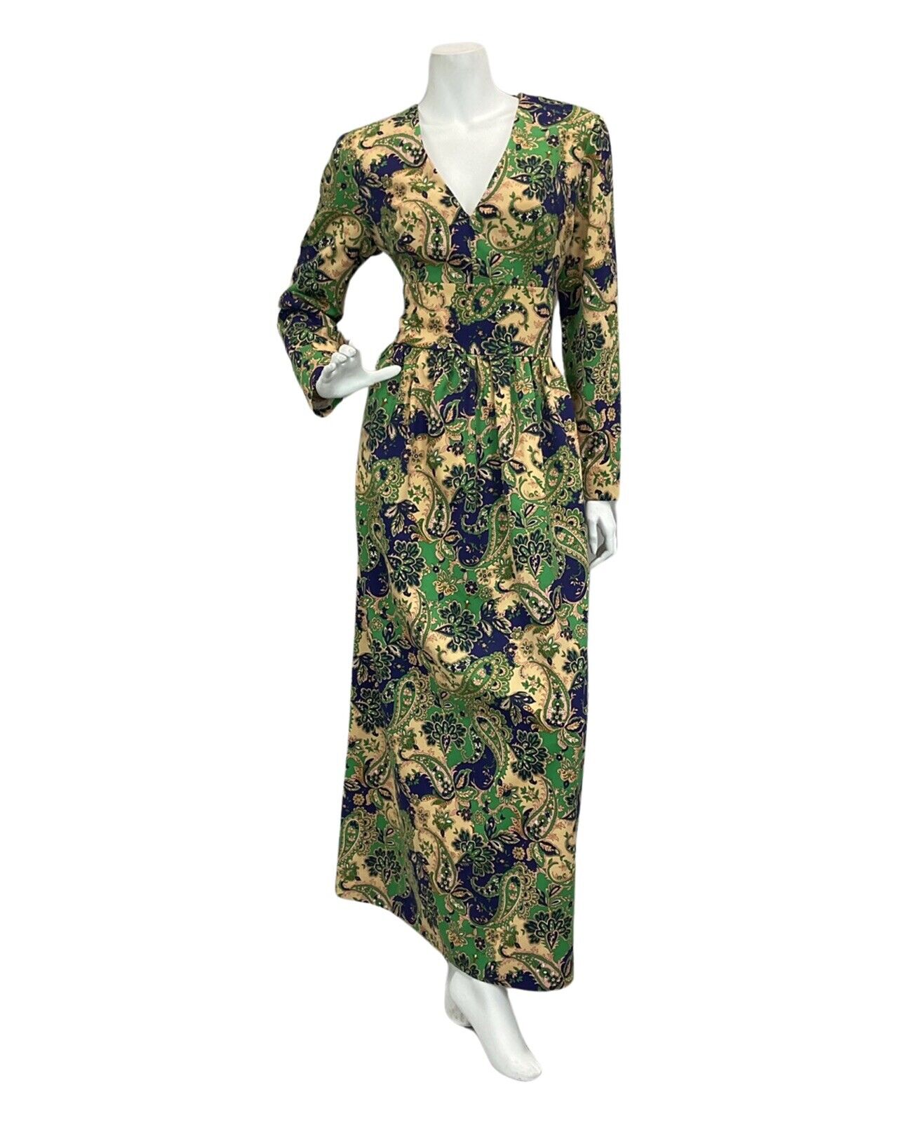 VINTAGE 60s 70s TAN GREEN BLUE FLORAL PAISLEY PRINT FOLK MAXI DRESS 14