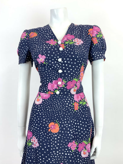 VINTAGE 60s NAVY BLUE WHITE PINK POLKA-DOT FLORAL RUFFLED MIDI DRESS 12