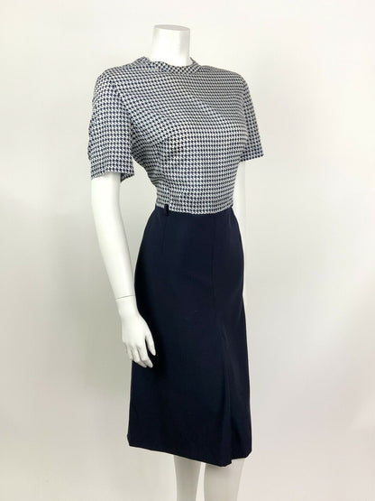 VINTAGE 60s 70s NAVY BLUE WHITE DOGTOOTH HOUNDSTOOTH MIDI DRESS 12 14