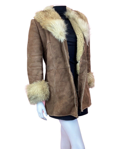 VINTAGE 60s 70s WARM BROWN SUEDE LEATHER FUR COLLAR PENNY SHEARLING COAT 12 14