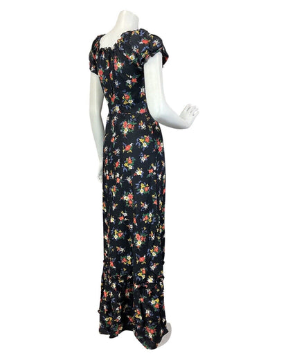 VINTAGE 60s 70s BLACK RED GREEN FLORAL BOUQUET BOHO PRAIRIE SUMMER MAXI DRESS 6