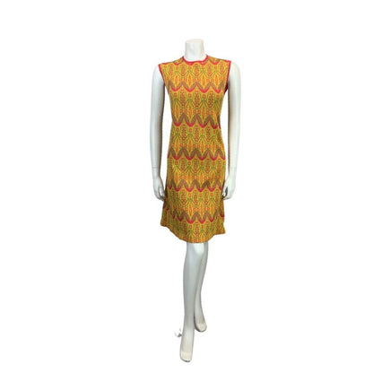 VINTAGE 60s 70s YELLOW ORANGE PINK GREEN FUNKY PRINT KNITTED MIDI MOD DRESS 14