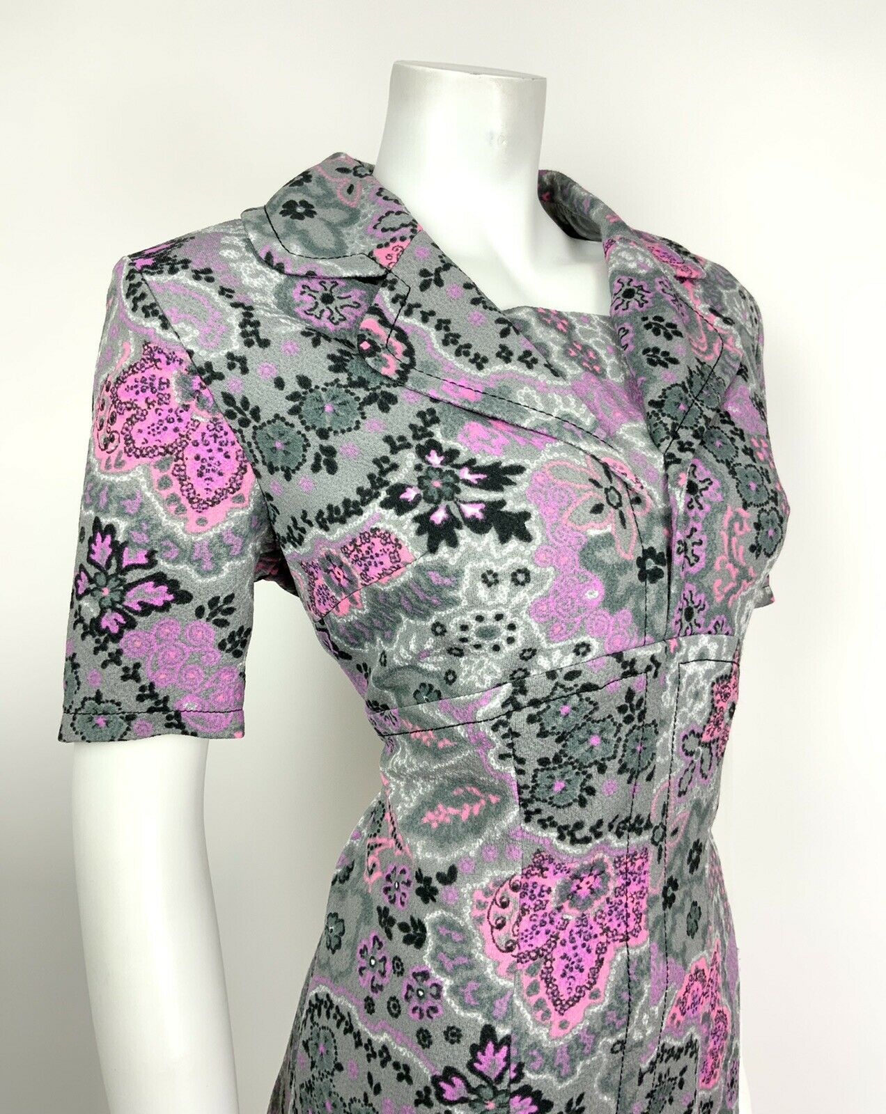 VINTAGE 60s 70s GREY PINK PURPLE BLACK PSYCHEDELIC FLORAL MIDI DRESS 12 14