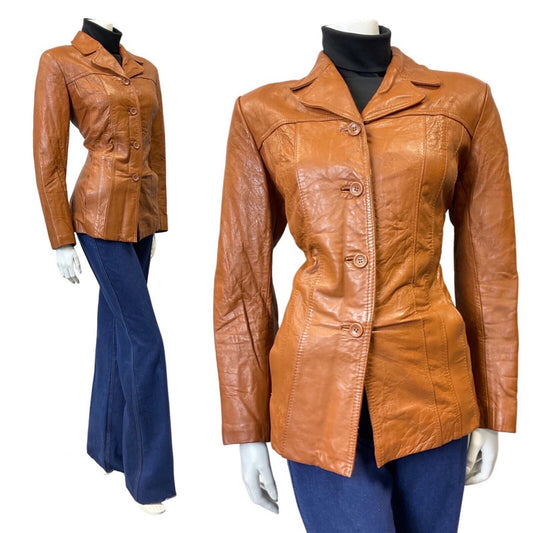 VINTAGE 60s 70s TAN BROWN NORTHERN SOUL MOD MID LEATHER JACKET 16 18