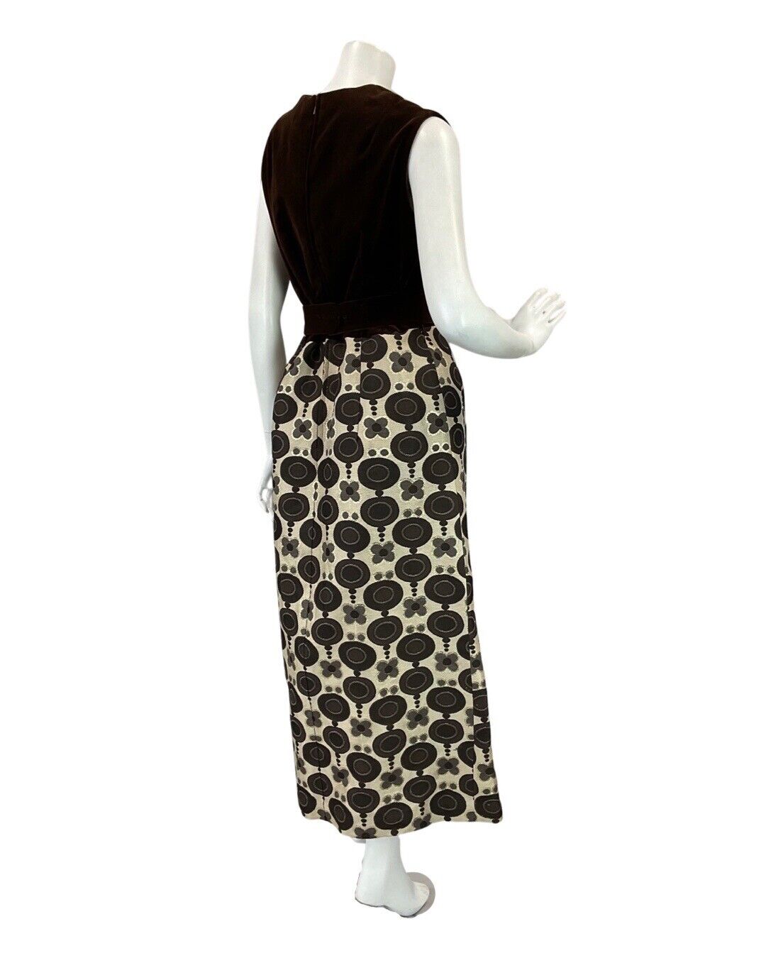 VINTAGE 60s 70s BROWN GOLD DAISY CIRCLE VELVET SLEEVELESS BELTED MAXI DRESS 14