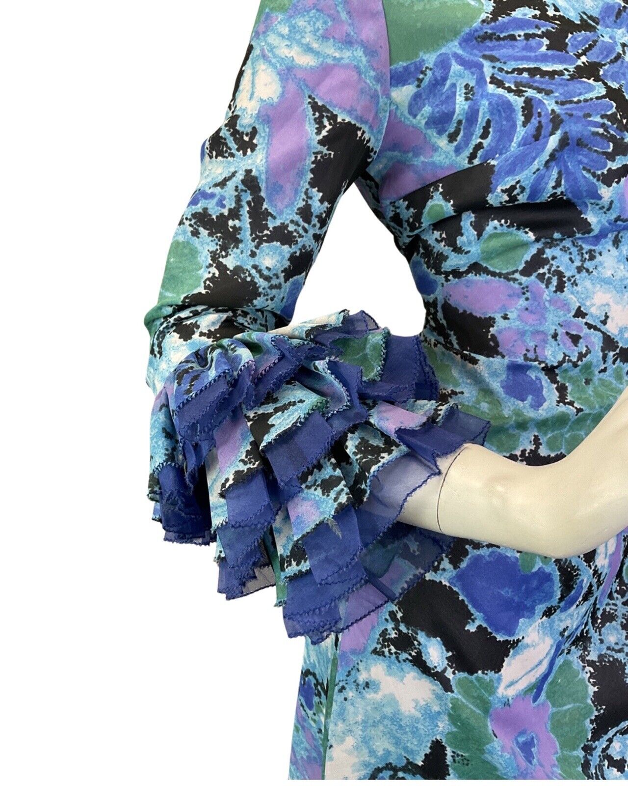 VINTAGE 60s 70s BLUE PURPLE GREEN PSYCHEDELIC FLORAL RUFFLED MAXI DRESS 10