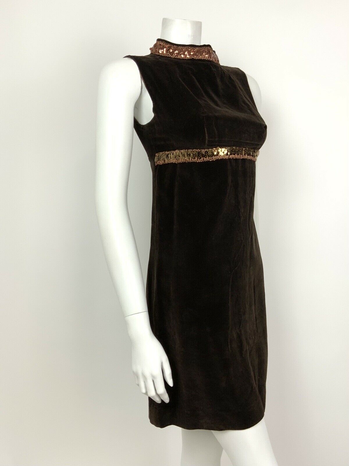 VINTAGE 60s 70s BROWN BRONZE METALLIC SEQUIN VELVET MOD DISCO STUDIO 54 DRESS 4