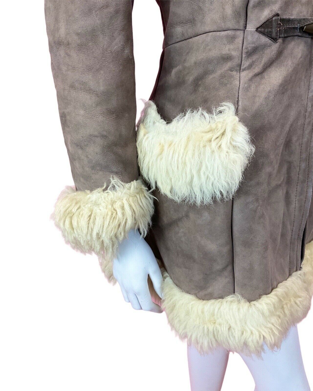 VINTAGE 60s 70s PEANUT BROWN CREAM SUEDE LEATHER BOHO SHEARLING COAT 10 12