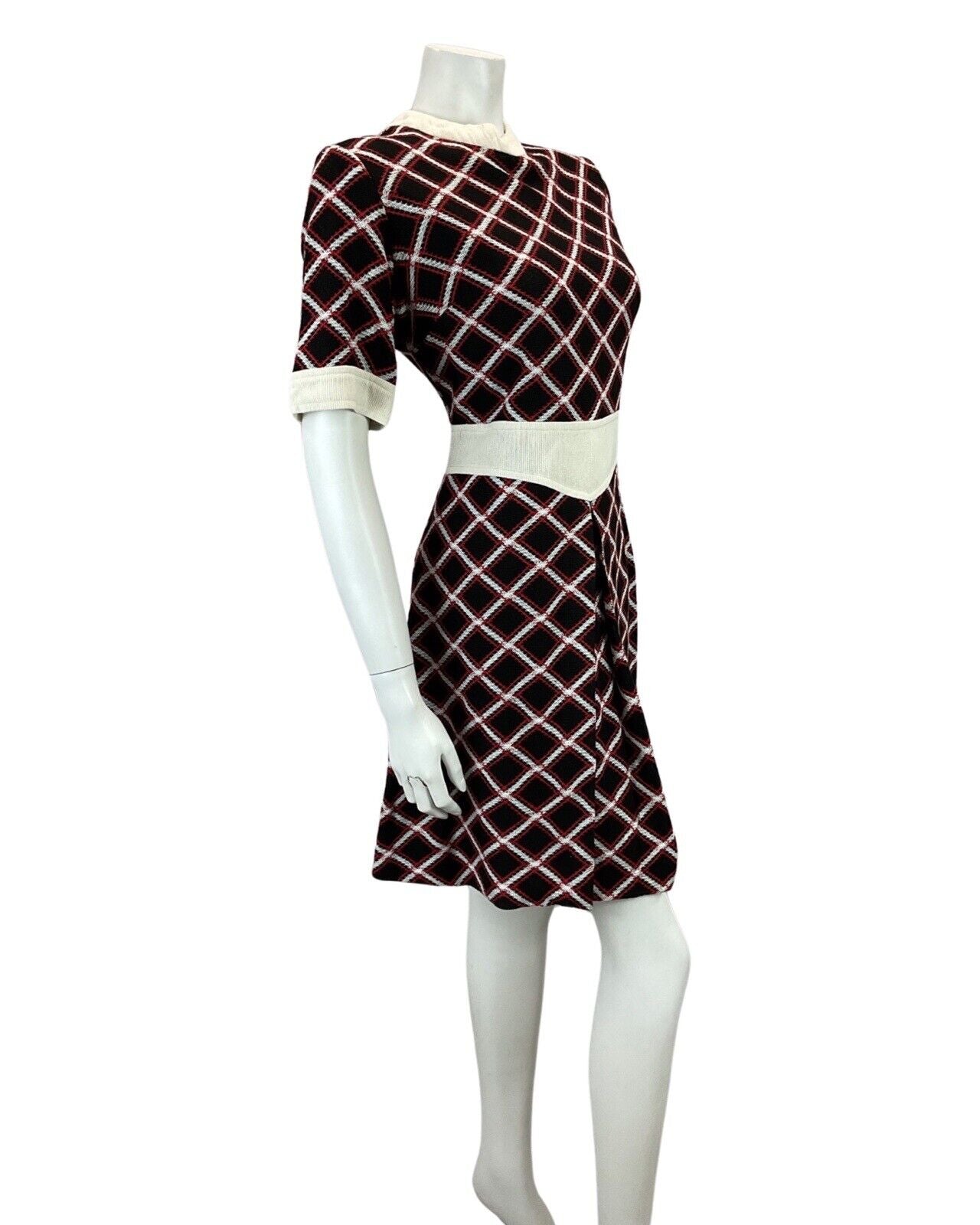 VINTAGE 60s 70s BLACK WHITE RED CHECKED WOOL MINI MOD BOHO DRESS 14