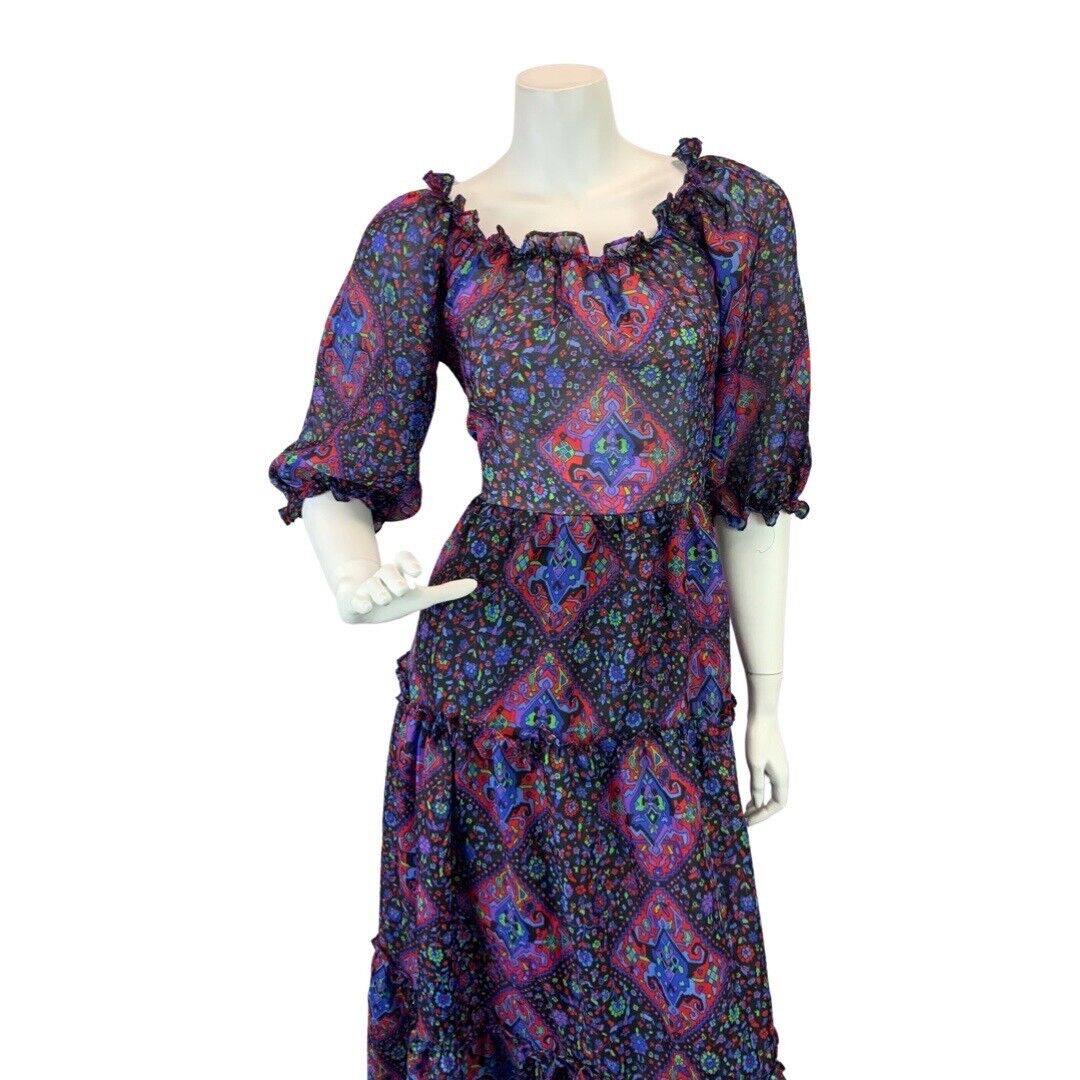 VINTAGE 60s 70s PURPLE BLACK GREEN GEOMETRIC RUFFLED SHEER MOD BOHO MAXI DRESS 8