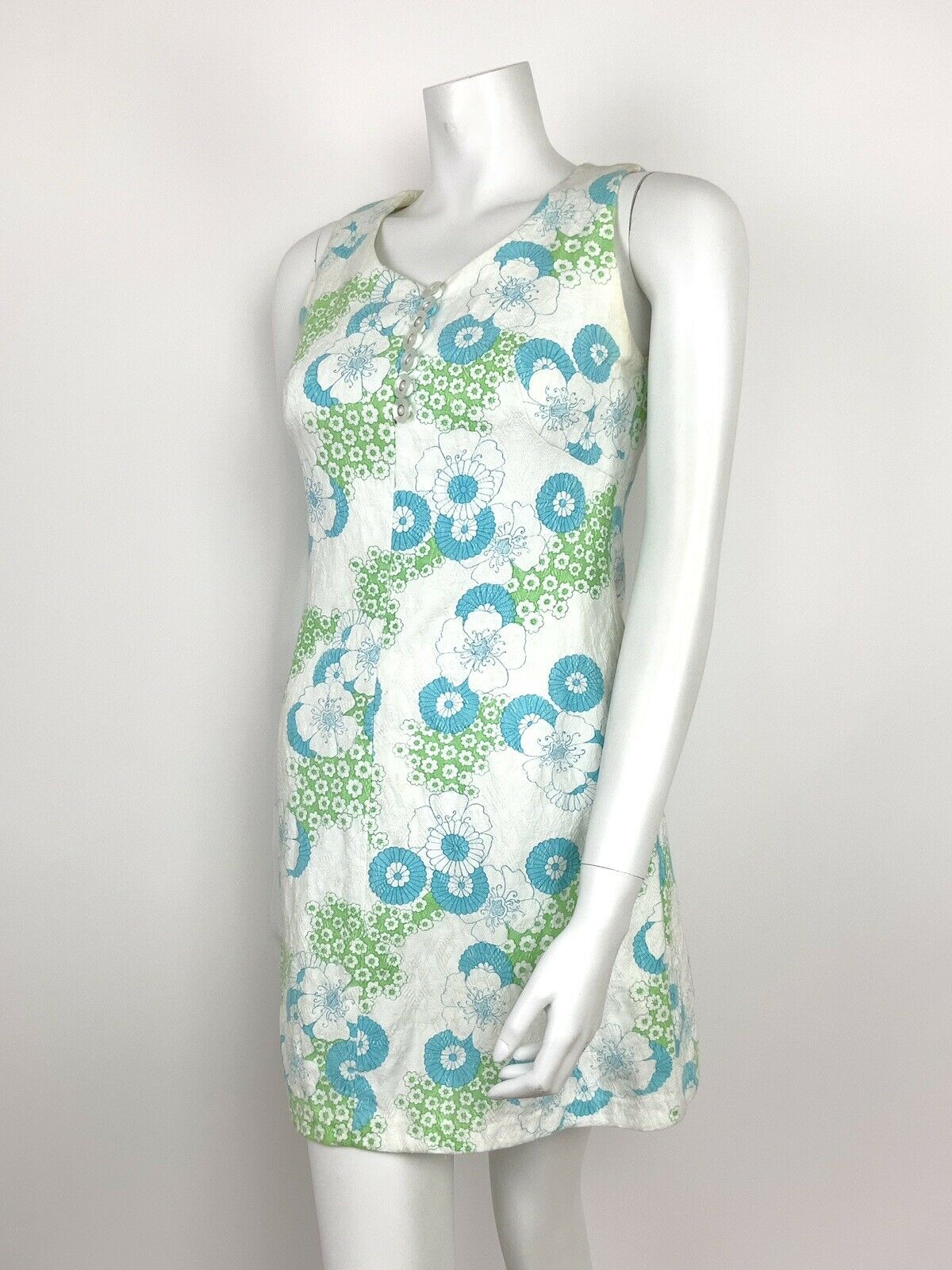 VTG 60s 70s WHITE BLUE GREEN EMBOSSED PSYCHEDELIC FLORAL SUMMER MINI DRESS 6 8