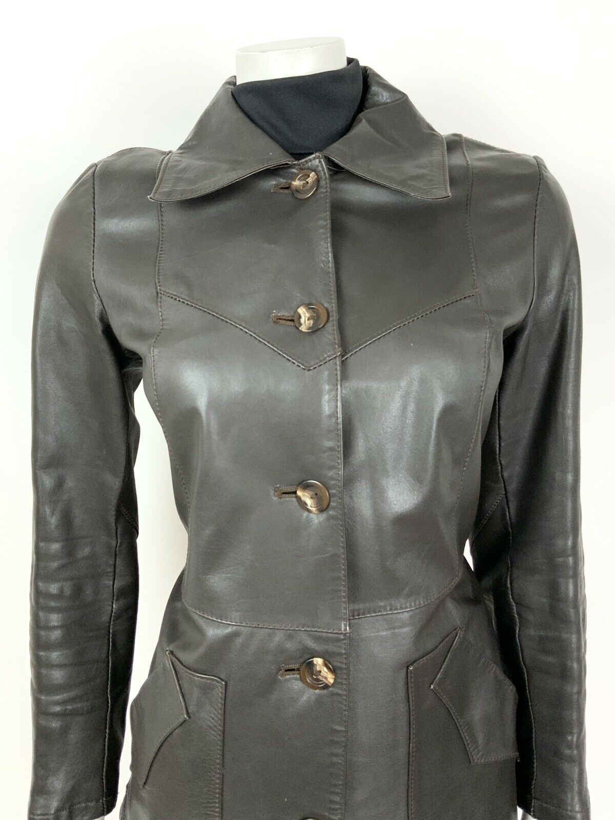 VINTAGE 60s 70s DARK BROWN DAGGER COLLAR MOD NORTHERN SOUL LEATHER JACKET 10 12