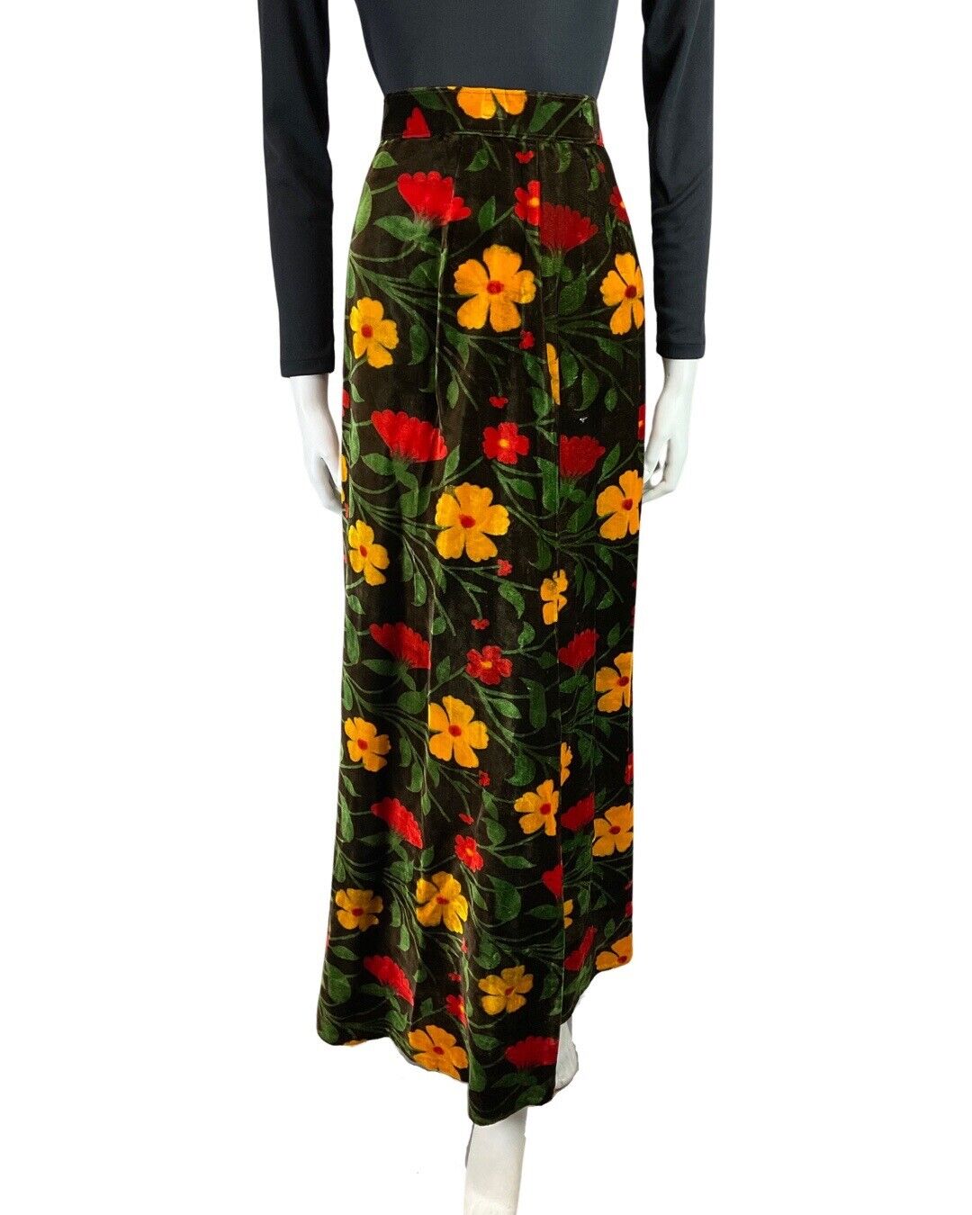 VINTAGE 60s 70s BROWN RED YELLOW FLORAL DAISY MOD BOHO VELVET MAXI SKIRT 8