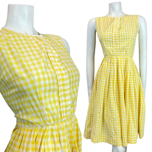 VINTAGE 50s 60s LEMON YELLOW WHITE GINGHAM CHECKED PLEATED SWING SUMMER DRESS 6