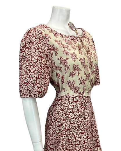 VINTAGE DIOLEN 70s DUSTY PINK CREAM FLORAL PRINT BOHO FOLK MIDI DRESS 10 12