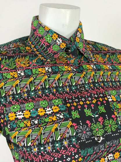 VTG 60s 70s BLACK YELLOW GREEN PINK WHITE PSYCHEDELIC FLORAL STRIPED SHIRT 8 10