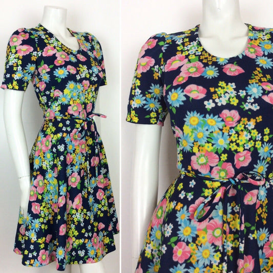 VINTAGE 60s 70s FLORAL A-LINE DRESS BLUE PINK YELLOW WHITE DITSY 8 10