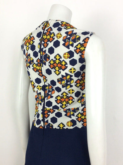 STUNNING VINTAGE 60S NAVY WHITE YELLOW ORANGE GEOMETRIC DRESS 10