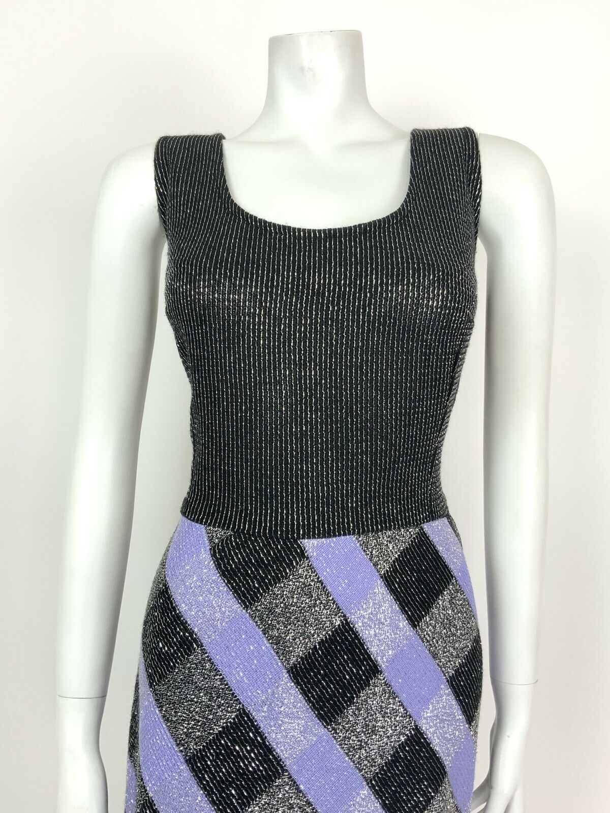 VINTAGE 60s 70s BLACK PURPLE SILVER LUREX CHECKED DISCO PARTY DRESS 10 12