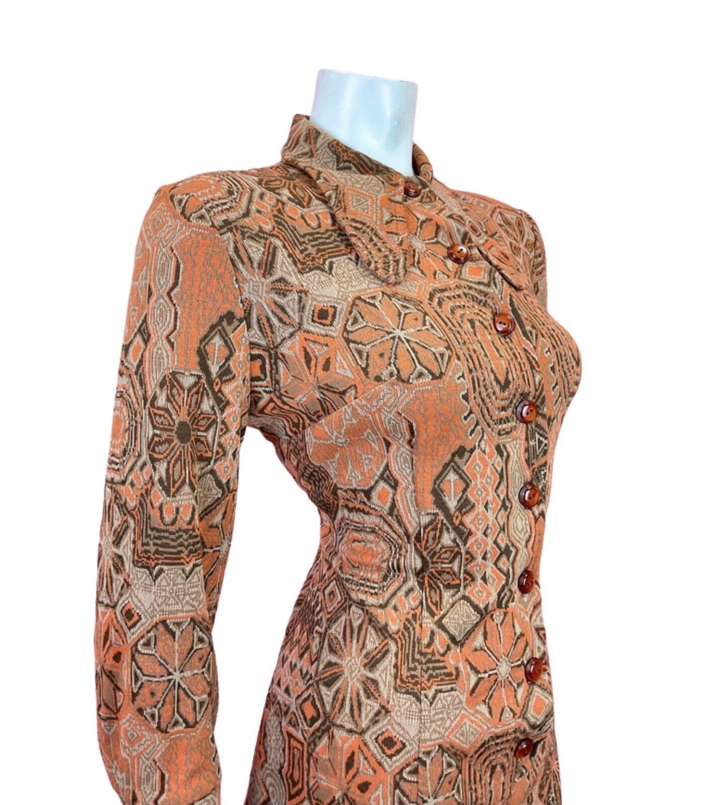 VTG 60s 70s ORANGE BROWN PSYCHEDELIC GEOMETRIC SPOON COLLAR SHIRT DRESS 12 14