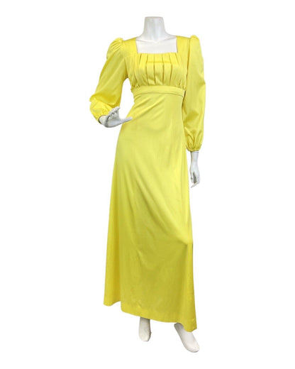 VINTAGE 60s 70s LEMON YELLOW EMPIRE LINE BOHO PRAIRIE SUMMER MAXI DRESS 8 10