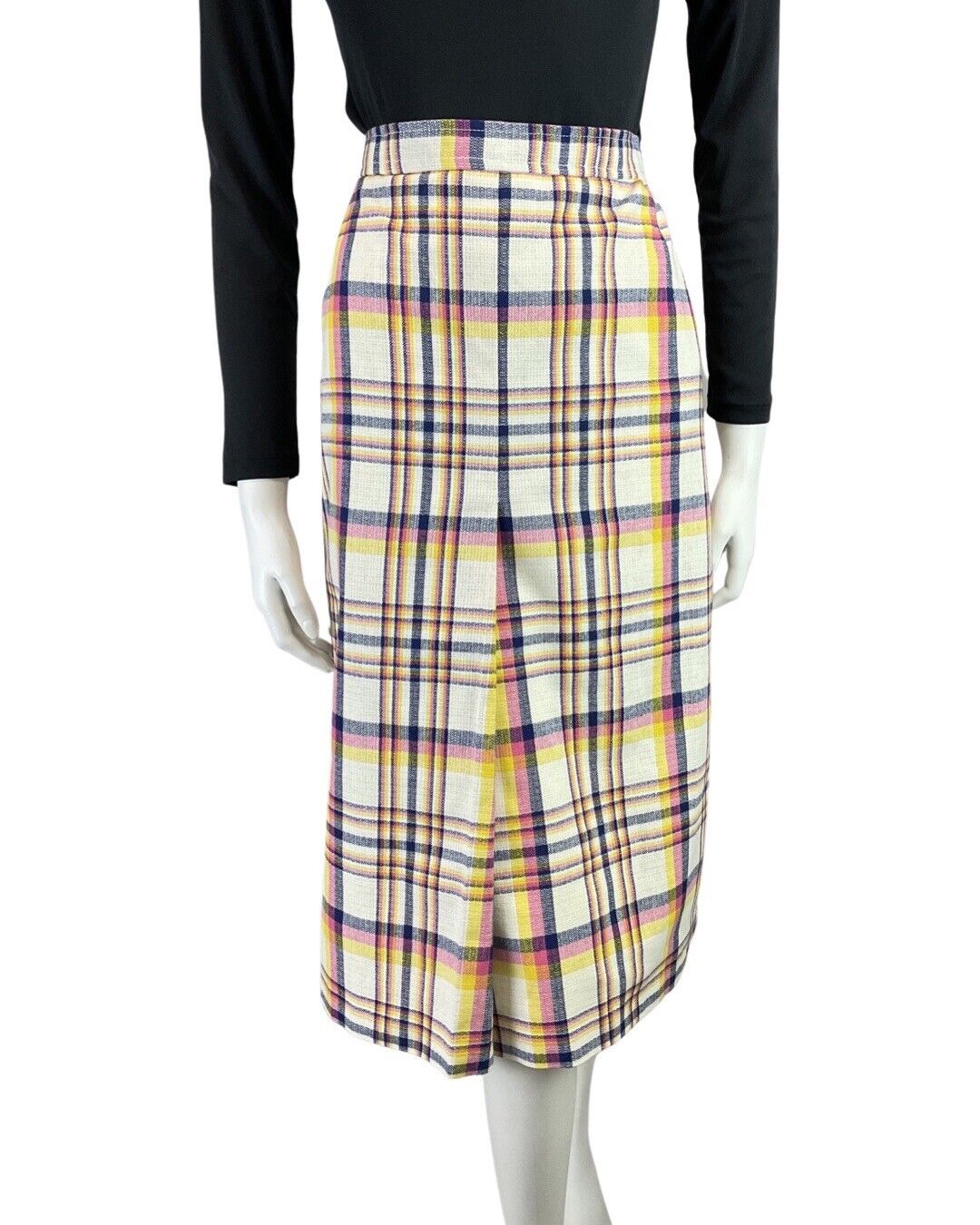 VINTAGE 60s 70s WHITE PINK BLUE PLAID TARTAN CHECKED MOD MIDI SKIRT 6