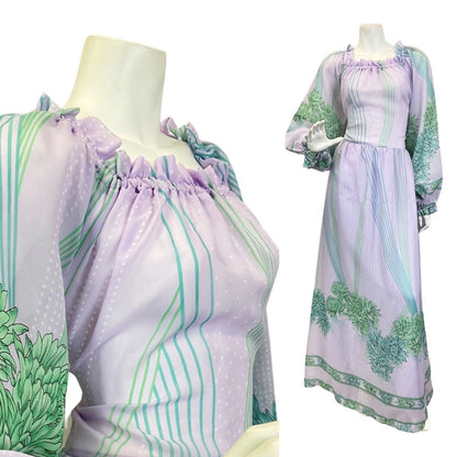 VINTAGE 60s 70s LILAC GREEN BLUE FLORAL BOHO PRAIRIE SUMMER MAXI DRESS 10 12