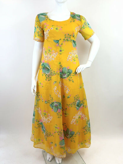 VINTAGE 60s 70s YELLOW PINK GREEN FLORAL DAISY SHEER FLOATY MAXI DRESS 16 18