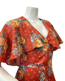 VINTAGE 60s 70s RED YELLOW BLUE FLORAL ROSE FLOWER CAPE SLEEVE BOHO MAXI DRESS 8