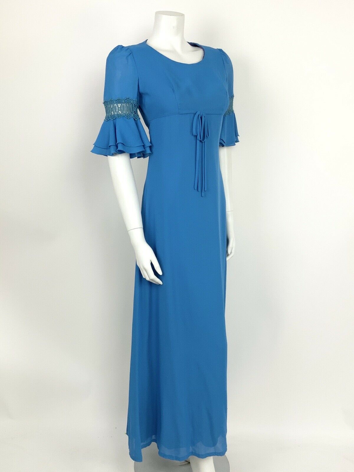 VINTAGE 60s 70s BLUE EMPIRE LINE FLOUNCE CROCHET LACE SLEEVE MAXI DRESS 10