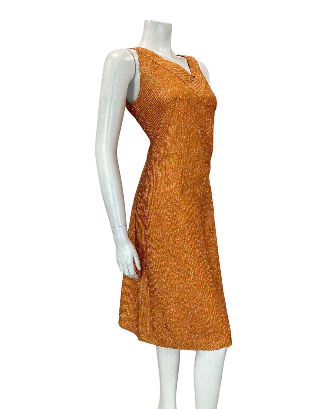 VINTAGE 60s 70s BURNT ORANGE SILVER LUREX V-NECK PARTY SLEEVELESS DRESS 12 14