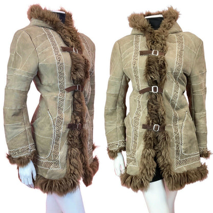 VINTAGE 60s 70s BROWN WHITE EMBROIDERED PATCHWORK HOODED BOHO SHEARLING COAT 14