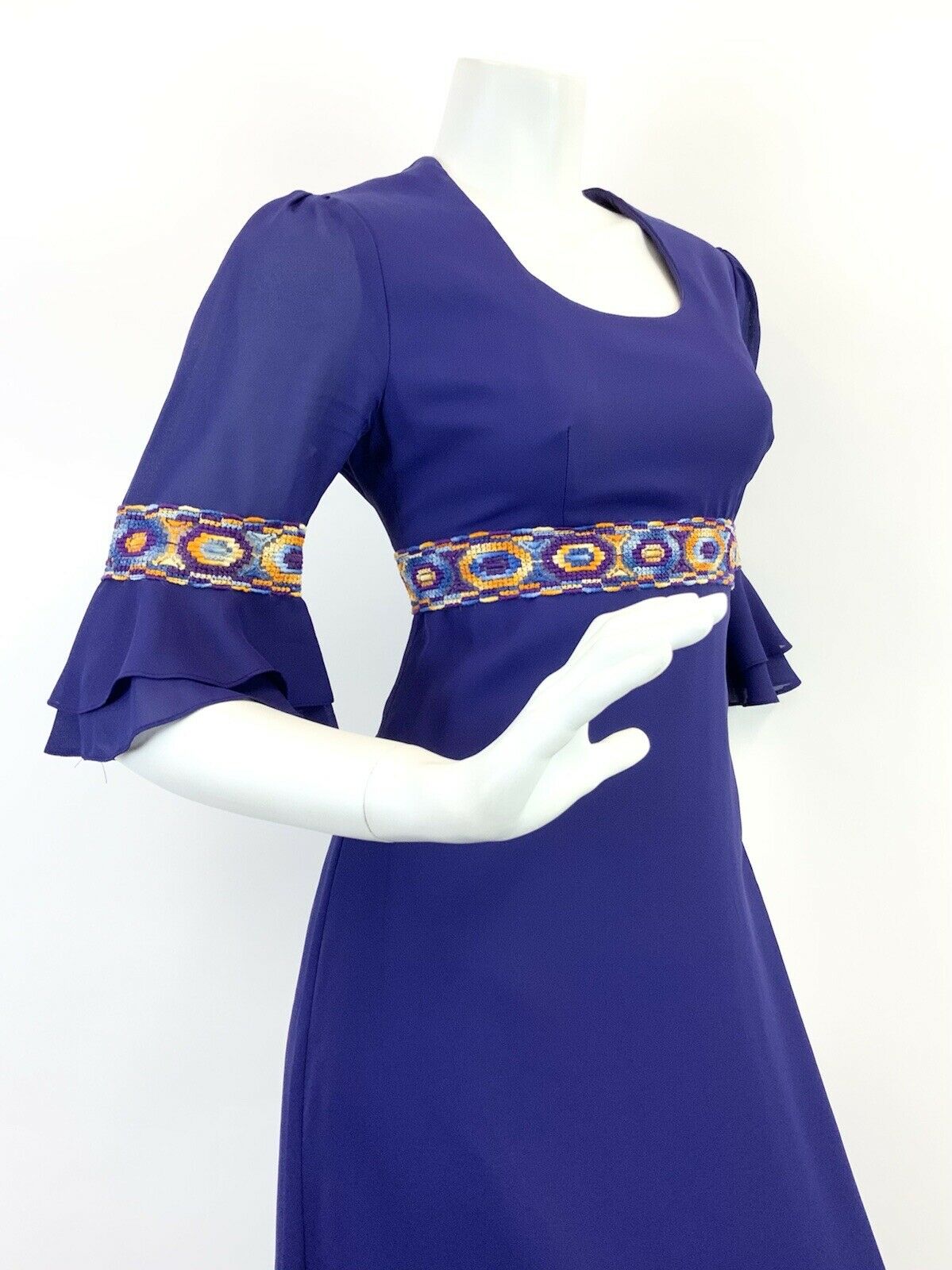 VTG 60s 70s PURPLE ORANGE BLUE EMBROIDERED GEOMETRIC MOD EMPIRE MAXI DRESS 10 12