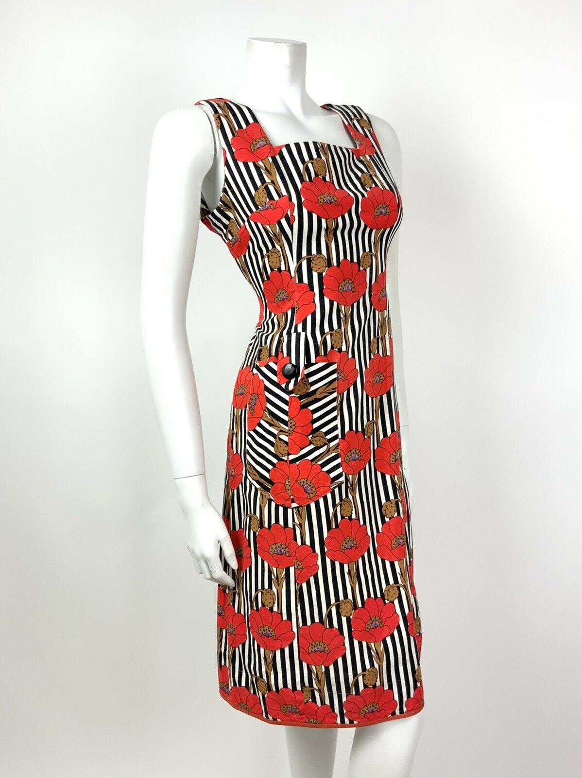 VINTAGE 60s 70s BLACK WHITE RED STRIPED FLORAL POPPY SLEEVELESS DRESS 10 12