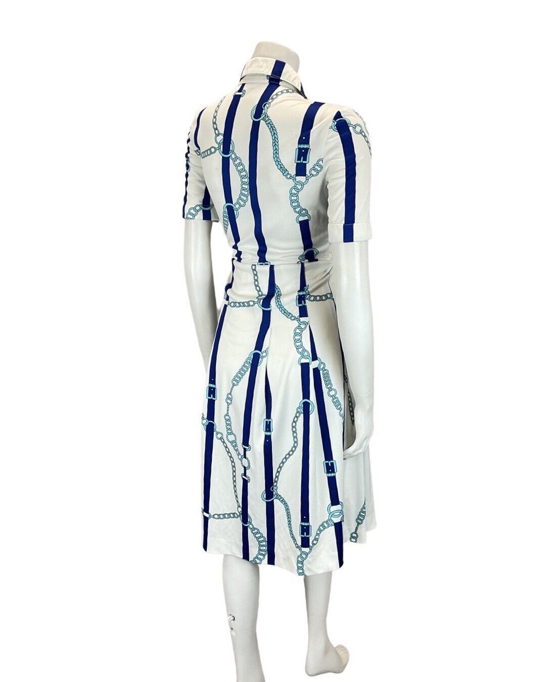 VINTAGE 60s 70s WHITE BLUE BELTED CHAIN MOD DAGGER COLLAR SHIRT DRESS 10