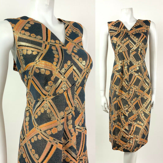 VTG 60s GREY ORANGE SILVER GOLD BLACK GLITTER GEOMETRIC FLORAL DRESS 14 16