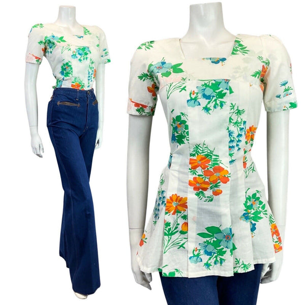 VINTAGE 60s 70s WHITE GREEN BLUE FLORAL FITTED SHORT SLEEVE TUNIC BLOUSE 10