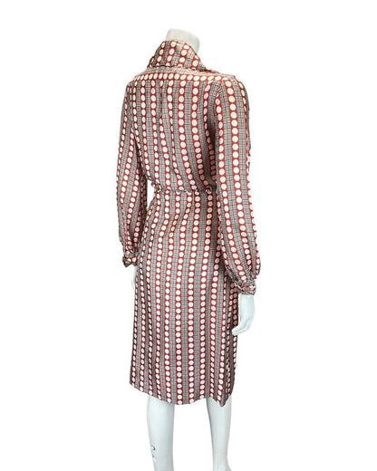 VINTAGE 60s 70sRED WHITE BROWN GRID CHECKED DOTTY MOD SHIRT DRESS 10