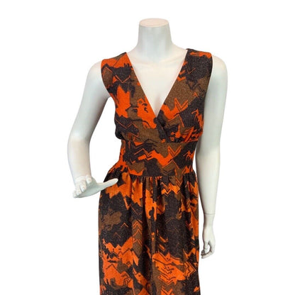 VINTAGE 60s 70s ORANGE BROWN BLACK ABSTRACT GEOMETRIC SLEEVELESS MAXI DRESS 10