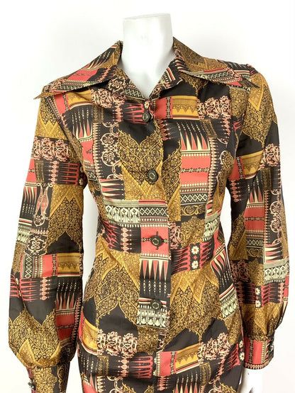 VINTAGE 60s 70s BROWN GOLD RED FLORAL ORNATE PSYCHEDELIC DAGGER SHIRT DRESS 14