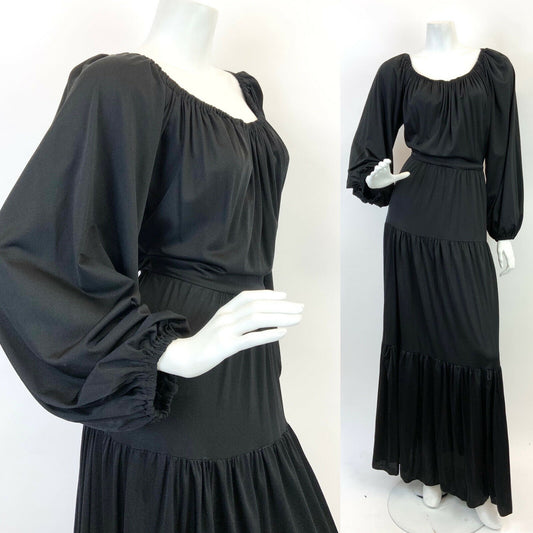 VINTAGE 60s 70s JET BLACK PUFF SLEEVE TIERED BOHO FOLK MAXI DRESS 10