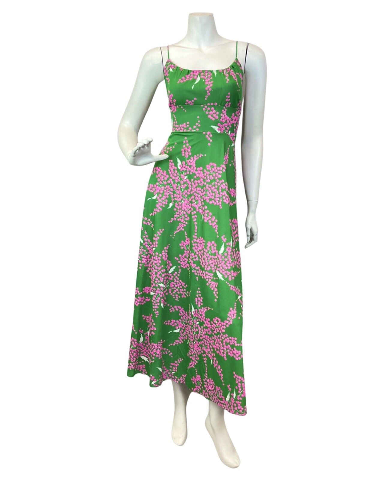 VINTAGE 60s 70s APPLE GREEN PINK FLORAL BLOSSOM SPAGHETTI STRAP MAXI DRESS 8